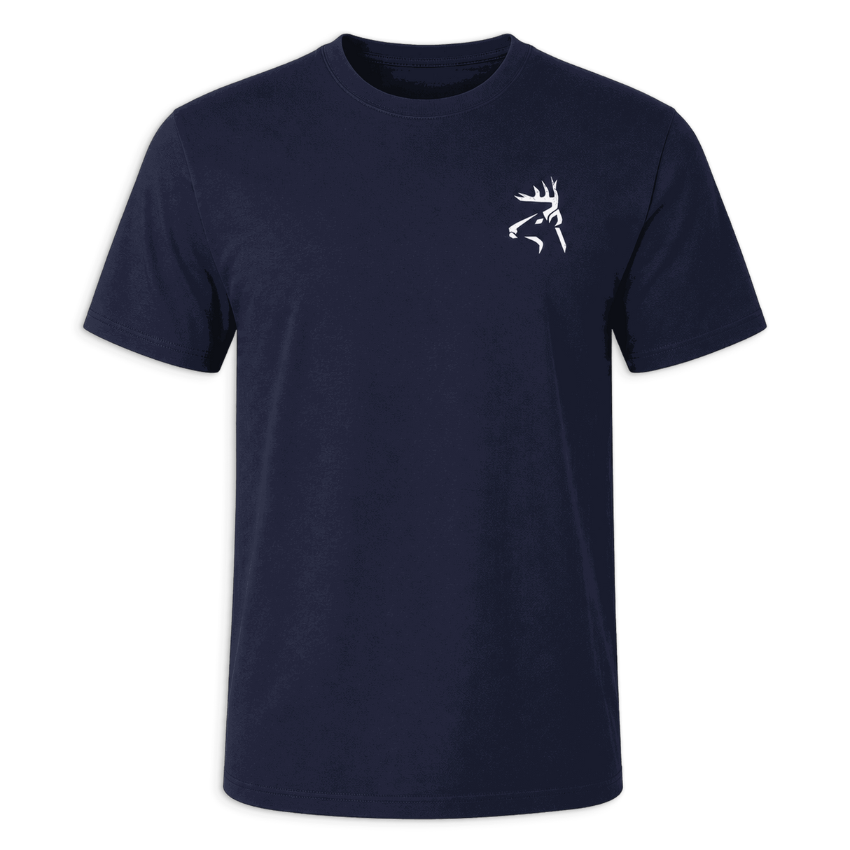 A navy blue short-sleeve crewneck t-shirt with a small white buckmark logo on the left chest, displayed against a solid green background.