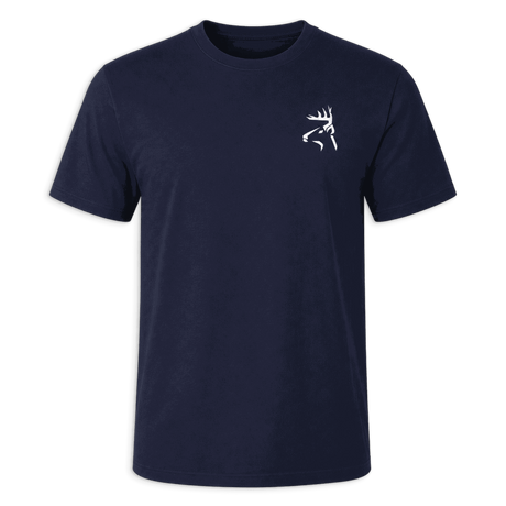 A navy blue short-sleeve crewneck t-shirt with a small white buckmark logo on the left chest, displayed against a solid green background.