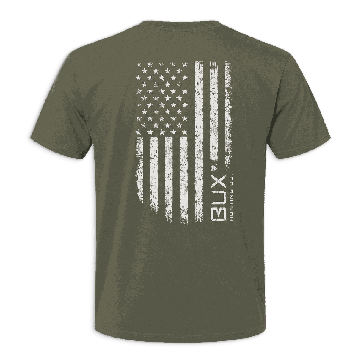 An olive green short-sleeve t-shirt shown from the back, featuring a distressed white American flag graphic with the vertical text 'BUX manufacturing CO.' printed on the right side of the flag.