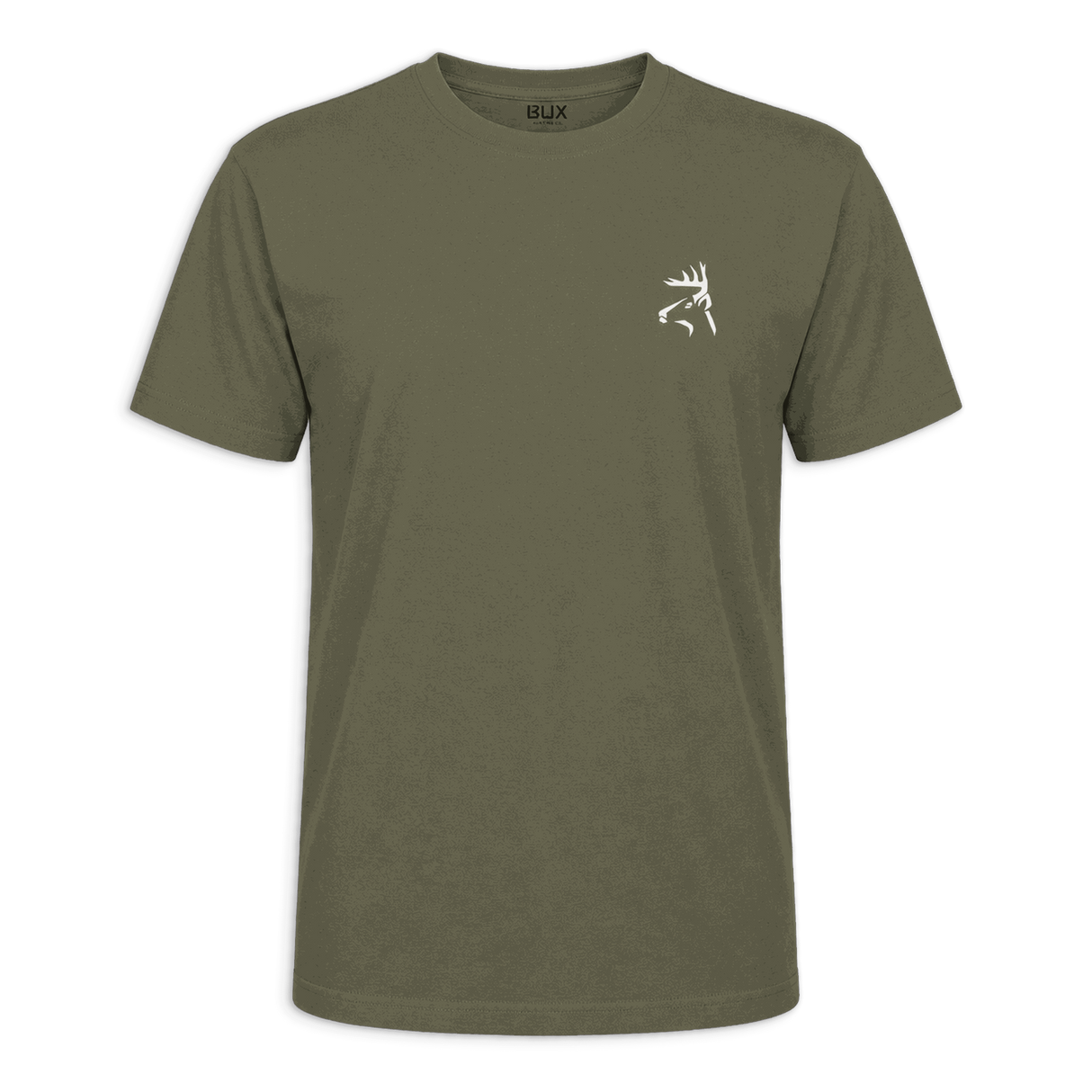 An olive green short-sleeve t-shirt with a small white buckmark logo on the left chest, displayed against a solid green background.