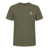 An olive green short-sleeve t-shirt with a small white buckmark logo on the left chest, displayed against a solid green background.