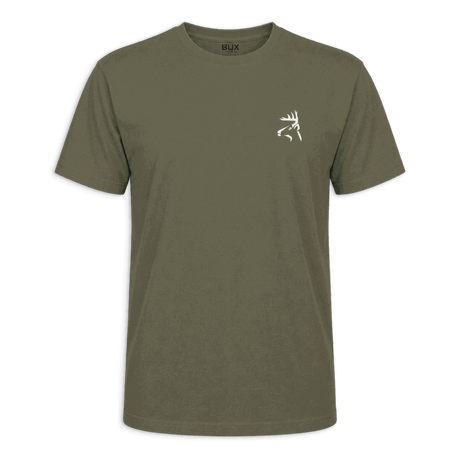 An olive green short-sleeve t-shirt with a small white buckmark logo on the left chest, displayed against a solid green background.
