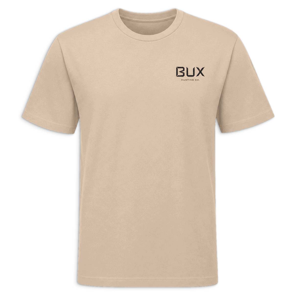 A beige short-sleeve crewneck t-shirt with black trim on the collar, sleeve cuffs, and hem, featuring a black 'BUX' logo on the left chest, set against a solid dark green background.