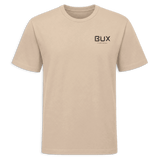 A beige short-sleeve crewneck t-shirt with black trim on the collar, sleeve cuffs, and hem, featuring a black 'BUX' logo on the left chest, set against a solid dark green background.