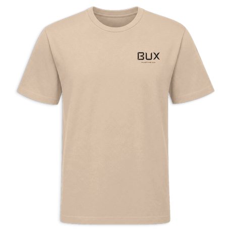 A beige short-sleeve crewneck t-shirt with black trim on the collar, sleeve cuffs, and hem, featuring a black 'BUX' logo on the left chest, set against a solid dark green background.