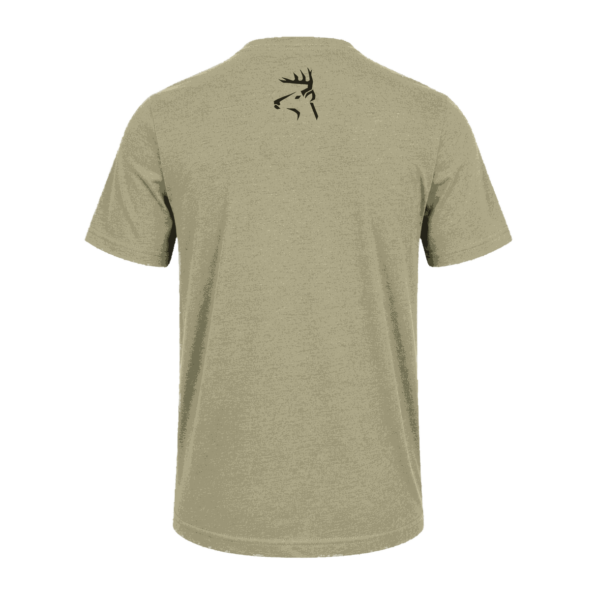 A heathered khaki short-sleeve t-shirt shown from the back, featuring a small black deer head logo printed on the upper back, set against a solid dark green background.