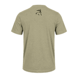A heathered khaki short-sleeve t-shirt shown from the back, featuring a small black deer head logo printed on the upper back, set against a solid dark green background.