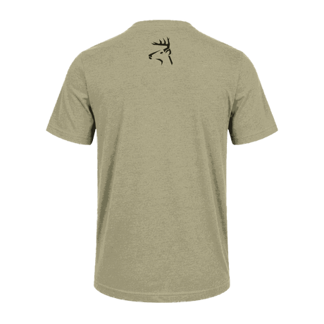 A heathered khaki short-sleeve t-shirt shown from the back, featuring a small black deer head logo printed on the upper back, set against a solid dark green background.