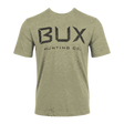 A heather olive green crewneck t-shirt featuring a distressed black graphic print on the front that reads 'BUX HUNTING CO.' on a solid dark green background.