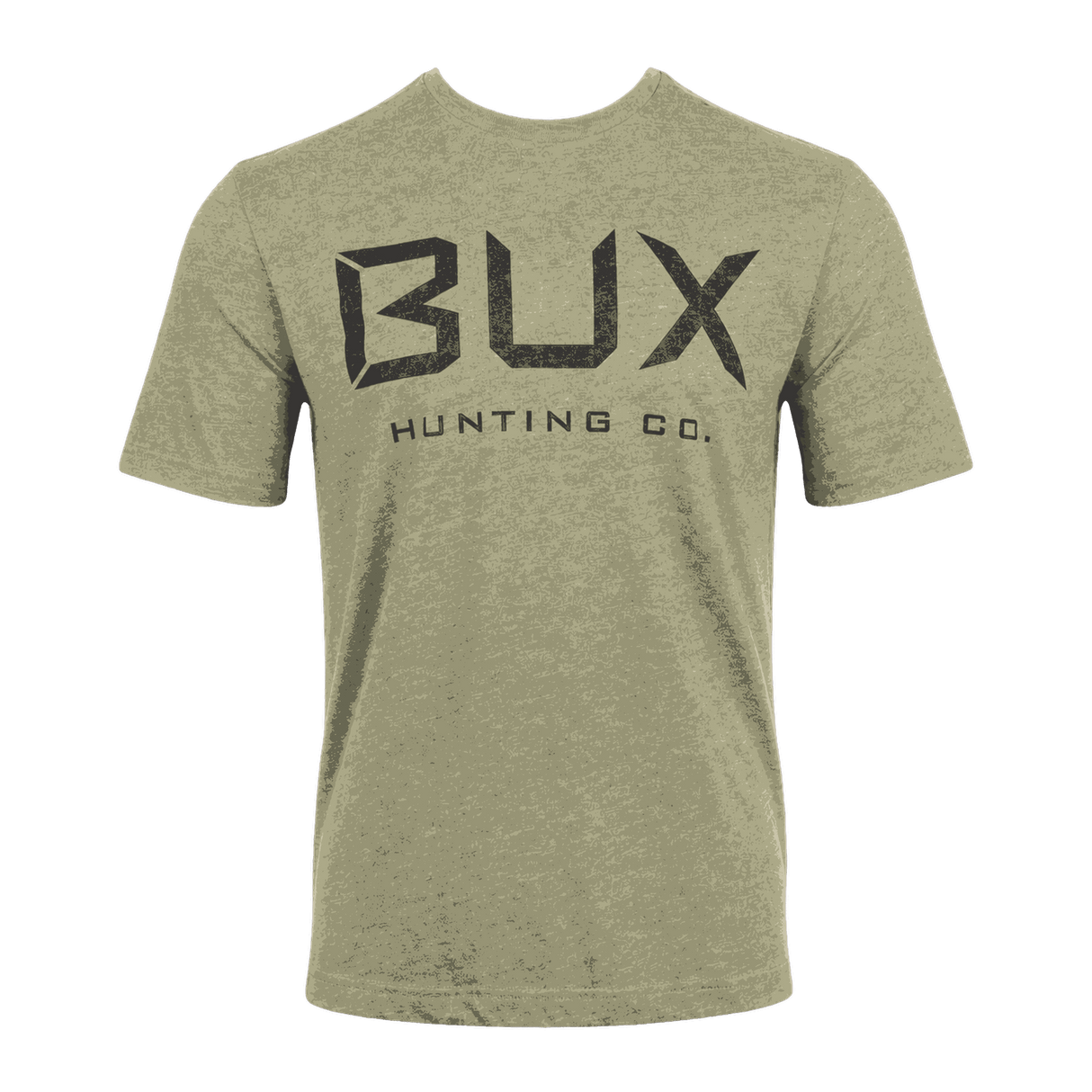 A heather olive green crewneck t-shirt featuring a distressed black graphic print on the front that reads 'BUX HUNTING CO.' on a solid dark green background.