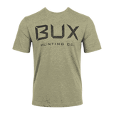 A heather olive green crewneck t-shirt featuring a distressed black graphic print on the front that reads 'BUX HUNTING CO.' on a solid dark green background.