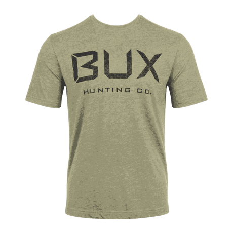 A heather olive green crewneck t-shirt featuring a distressed black graphic print on the front that reads 'BUX HUNTING CO.' on a solid dark green background.