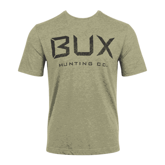 A heather olive green crewneck t-shirt featuring a distressed black graphic print on the front that reads 'BUX HUNTING CO.' on a solid dark green background.