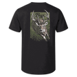 A black short-sleeve t-shirt shown from the back, featuring a large graphic print of a buck deer with antlers on an olive green background with the word 'Buck' written above.