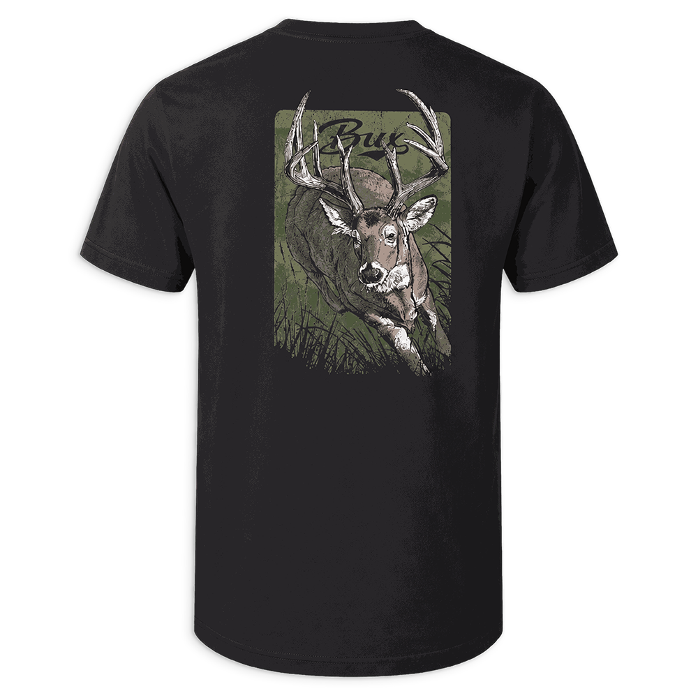 A black short-sleeve t-shirt shown from the back, featuring a large graphic print of a buck deer with antlers on an olive green background with the word 'Buck' written above.
