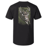 A black short-sleeve t-shirt shown from the back, featuring a large graphic print of a buck deer with antlers on an olive green background with the word 'Buck' written above.