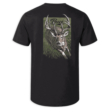A black short-sleeve t-shirt shown from the back, featuring a large graphic print of a buck deer with antlers on an olive green background with the word 'Buck' written above.