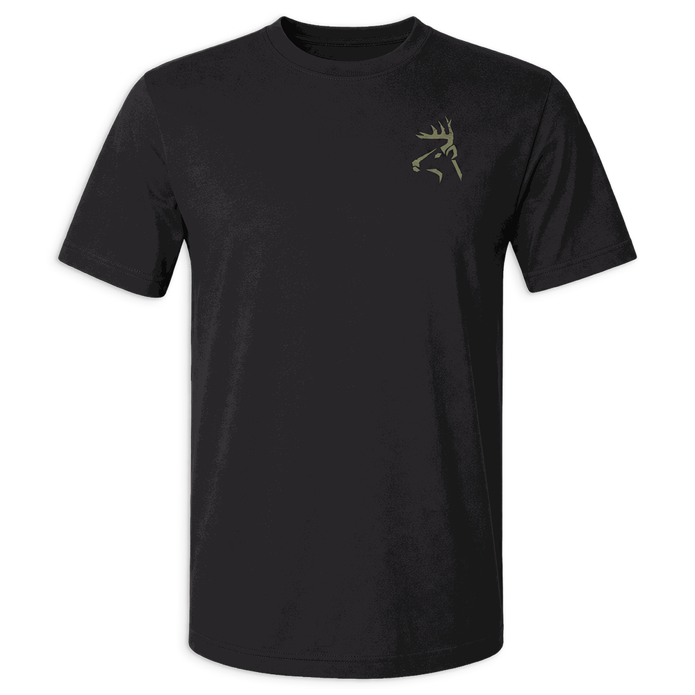 Buck shirt with camo green buck logo on front chest 