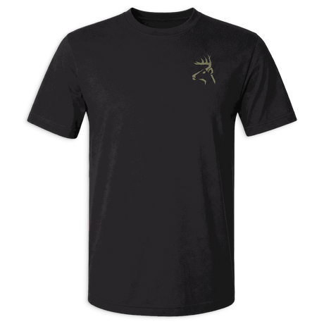 Buck shirt with camo green buck logo on front chest 