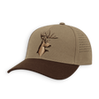 A tan and brown trucker-style baseball cap with a brown visor, featuring a brown embroidered deer head graphic on the front panel and perforated side panels.