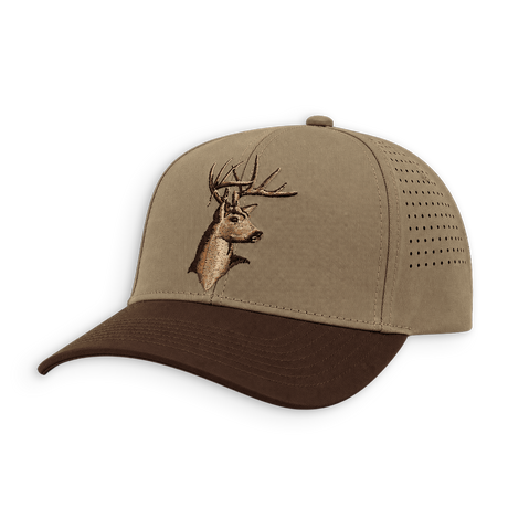 A tan and brown trucker-style baseball cap with a brown visor, featuring a brown embroidered deer head graphic on the front panel and perforated side panels.