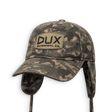 A Dux Waterfowl Co. camouflage winter cap with ear flaps and chin straps, shown on a plain white background.
