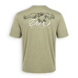 Two greenDUCK brand t-shirts, one displayed frontally with a logo on the chest and a graphic of a duck on the back, and another showing the back of the t-shirt with the logo and design.