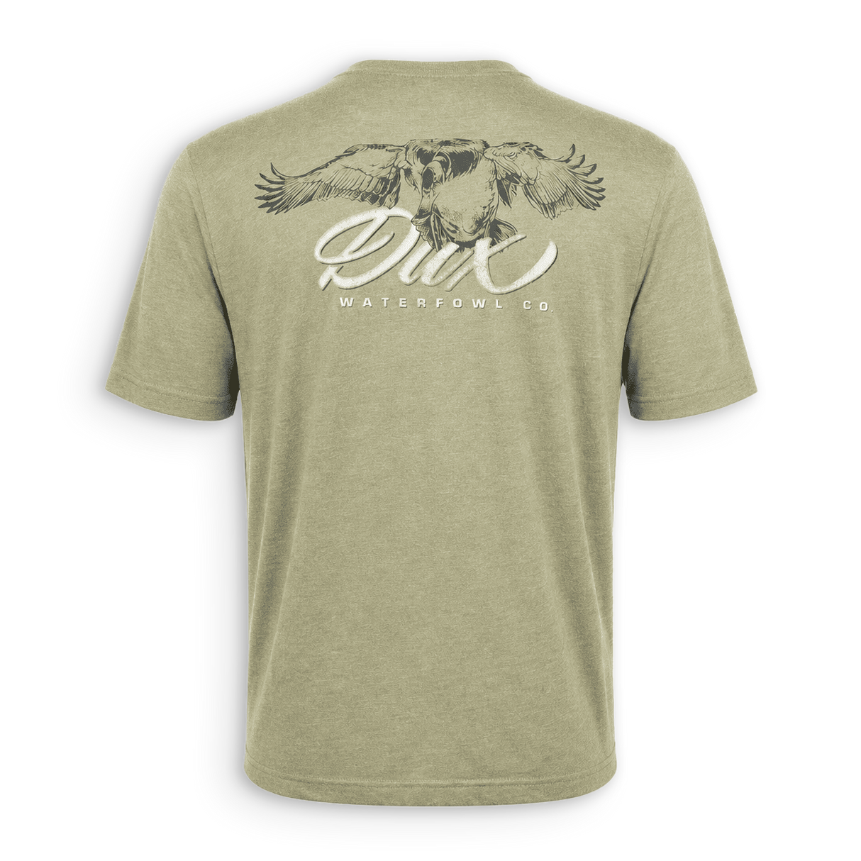 Two greenDUCK brand t-shirts, one displayed frontally with a logo on the chest and a graphic of a duck on the back, and another showing the back of the t-shirt with the logo and design.