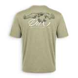 Two greenDUCK brand t-shirts, one displayed frontally with a logo on the chest and a graphic of a duck on the back, and another showing the back of the t-shirt with the logo and design.