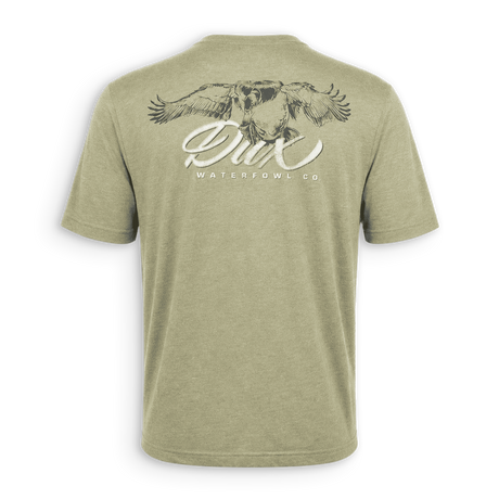 Two greenDUCK brand t-shirts, one displayed frontally with a logo on the chest and a graphic of a duck on the back, and another showing the back of the t-shirt with the logo and design.