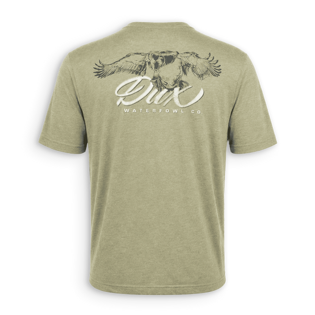Two greenDUCK brand t-shirts, one displayed frontally with a logo on the chest and a graphic of a duck on the back, and another showing the back of the t-shirt with the logo and design.