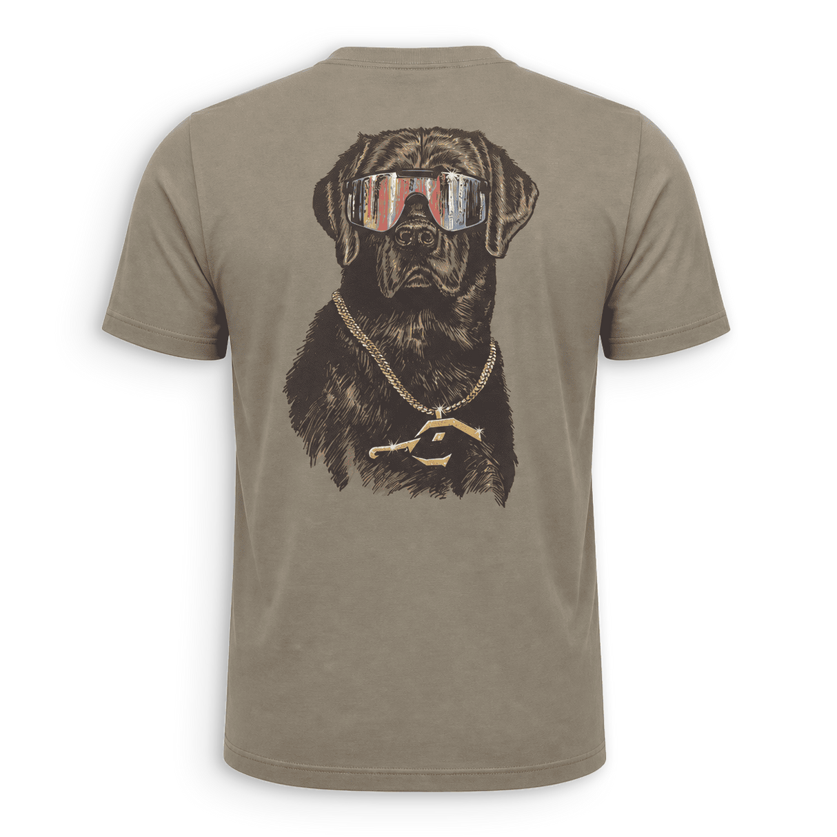 A short-sleeve crewneck t-shirt in a muted taupe-brown color, featuring a large graphic print of a black dog wearing sunglasses with an American flag pattern and a gold chain necklace with a gold 'P' pendant, shown on a clean white background.
