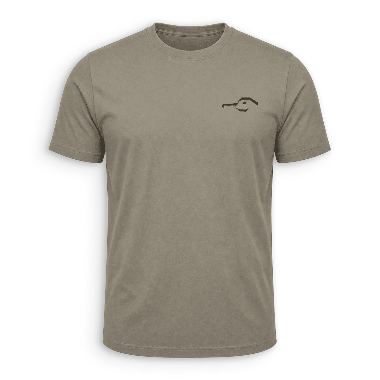 A short-sleeve crewneck t-shirt in a muted taupe-brown color, featuring a small black graphic logo on the left chest, displayed on a clean white background.