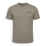 A short-sleeve crewneck t-shirt in a muted taupe-brown color, featuring a small black graphic logo on the left chest, displayed on a clean white background.
