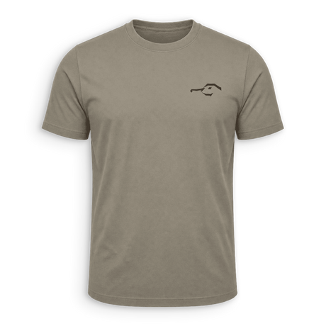 A short-sleeve crewneck t-shirt in a muted taupe-brown color, featuring a small black graphic logo on the left chest, displayed on a clean white background.