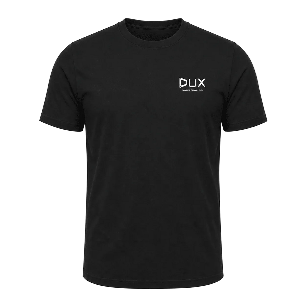 A black short-sleeve crewneck t-shirt with a small white 'DUX' logo printed on the left chest, displayed on a clean white background.