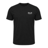 A black short-sleeve crewneck t-shirt with a small white 'DUX' logo printed on the left chest, displayed on a clean white background.