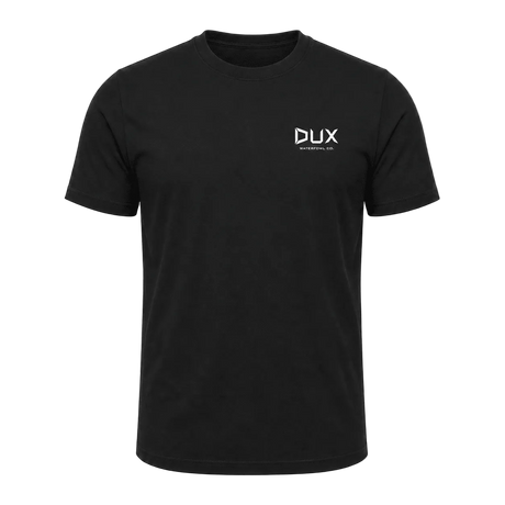 A black short-sleeve crewneck t-shirt with a small white 'DUX' logo printed on the left chest, displayed on a clean white background.