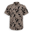 A short-sleeve button-up shirt with a brown, gray, and black camouflage pattern, displayed on a clean white background.