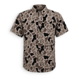 A short-sleeve button-up shirt with a brown, gray, and black camouflage pattern, displayed on a clean white background.