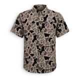 A short-sleeve button-up shirt with a brown, gray, and black camouflage pattern, displayed on a clean white background.