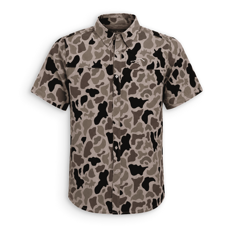 A short-sleeve button-up shirt with a brown, gray, and black camouflage pattern, displayed on a clean white background.