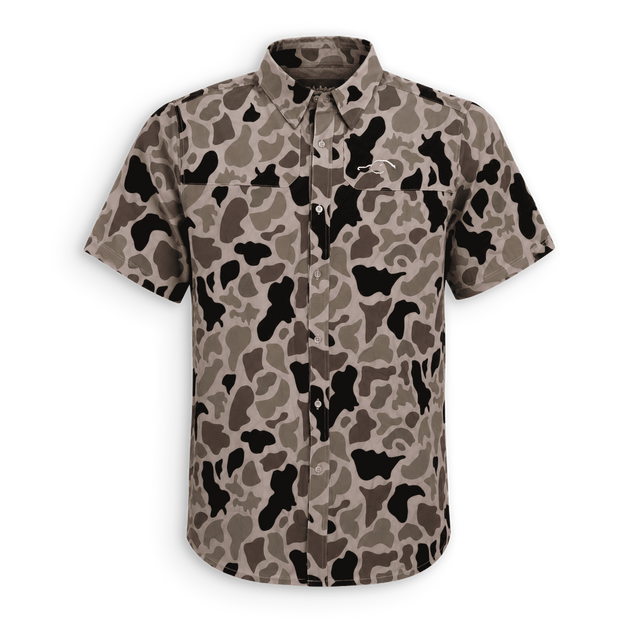 A short-sleeve button-up shirt with a brown, gray, and black camouflage pattern, displayed on a clean white background.