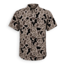 A short-sleeve button-up shirt with a brown, gray, and black camouflage pattern, displayed on a clean white background.