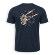A navy blue short-sleeve t-shirt shown from the back, featuring a graphic of a mallard duck holding two flaming arrows, with the text 'DUX' and 'antelope, TX' printed below.