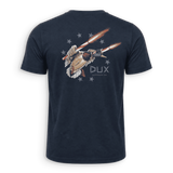 A navy blue short-sleeve t-shirt shown from the back, featuring a graphic of a mallard duck holding two flaming arrows, with the text 'DUX' and 'antelope, TX' printed below.