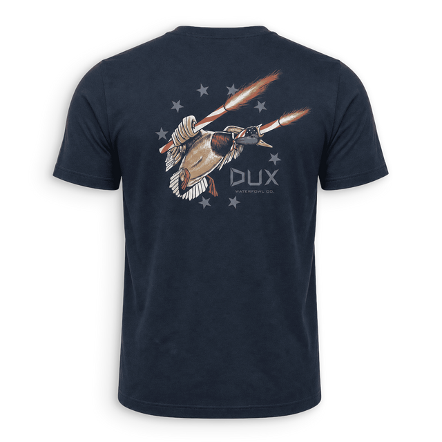 A navy blue short-sleeve t-shirt shown from the back, featuring a graphic of a mallard duck holding two flaming arrows, with the text 'DUX' and 'antelope, TX' printed below.