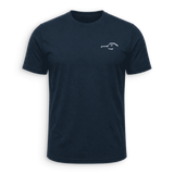A navy blue short-sleeve crewneck t-shirt with a small white graphic logo on the left chest, displayed on a clean white background.