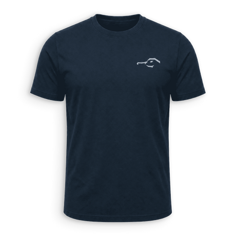 A navy blue short-sleeve crewneck t-shirt with a small white graphic logo on the left chest, displayed on a clean white background.