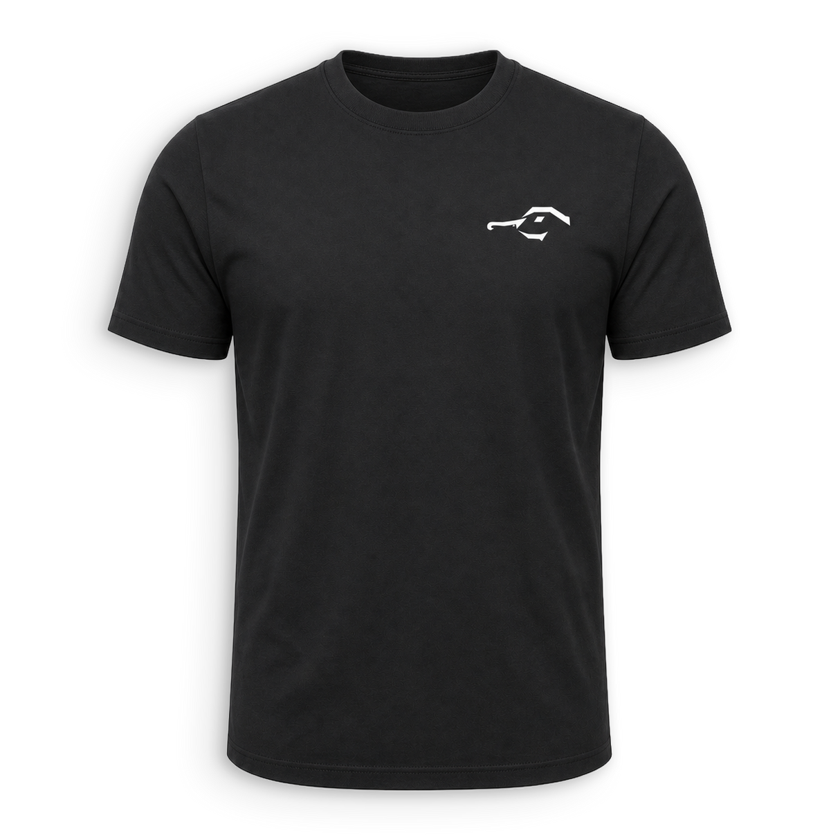 A black short-sleeve crewneck t-shirt with a small white minimalist graphic on the left chest, displayed on a clean white background.